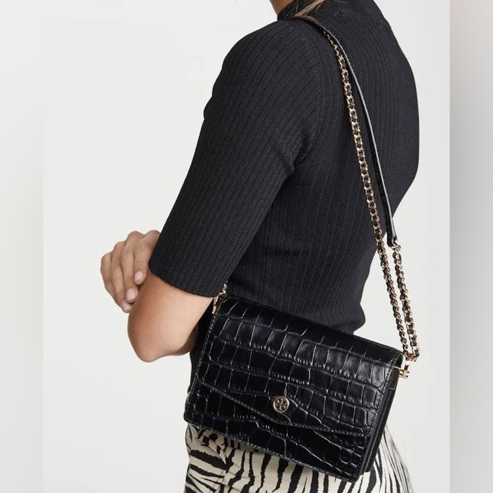Tory Burch Black Croc-Embossed Leather Chain Crossbody